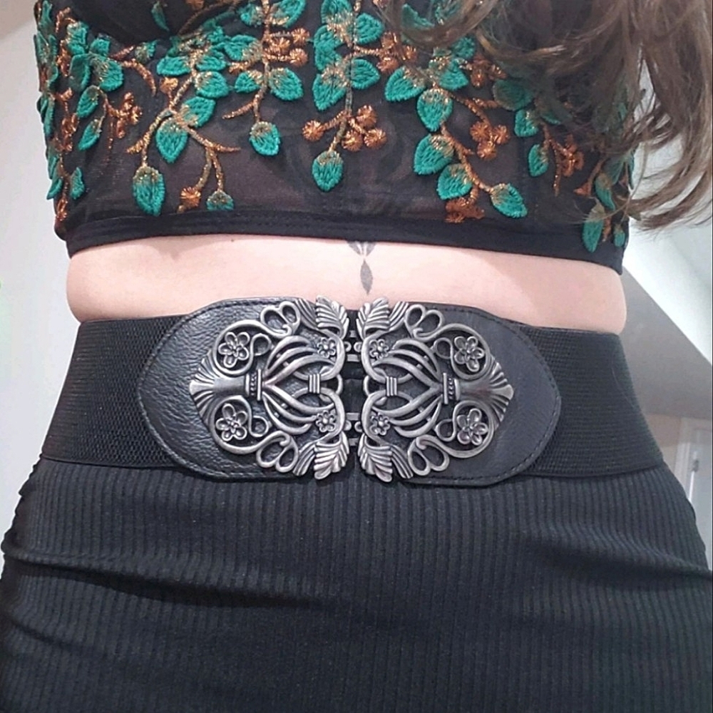 Black floral buckle corset boho elastic wide waist goth party dress belt - Picture 5 of 16